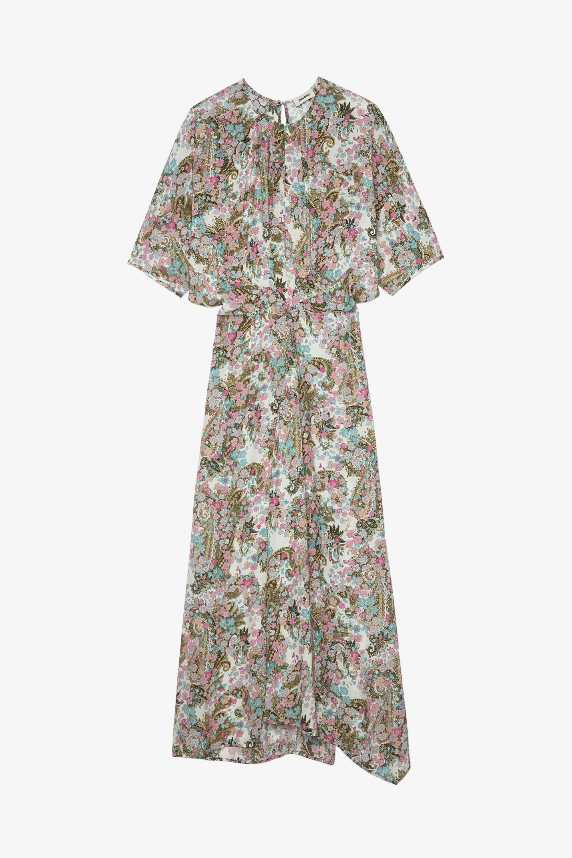 Ritan Dress Women's long gathered dress, tied at the waist, mauve floral print and an asymmetrical skirt