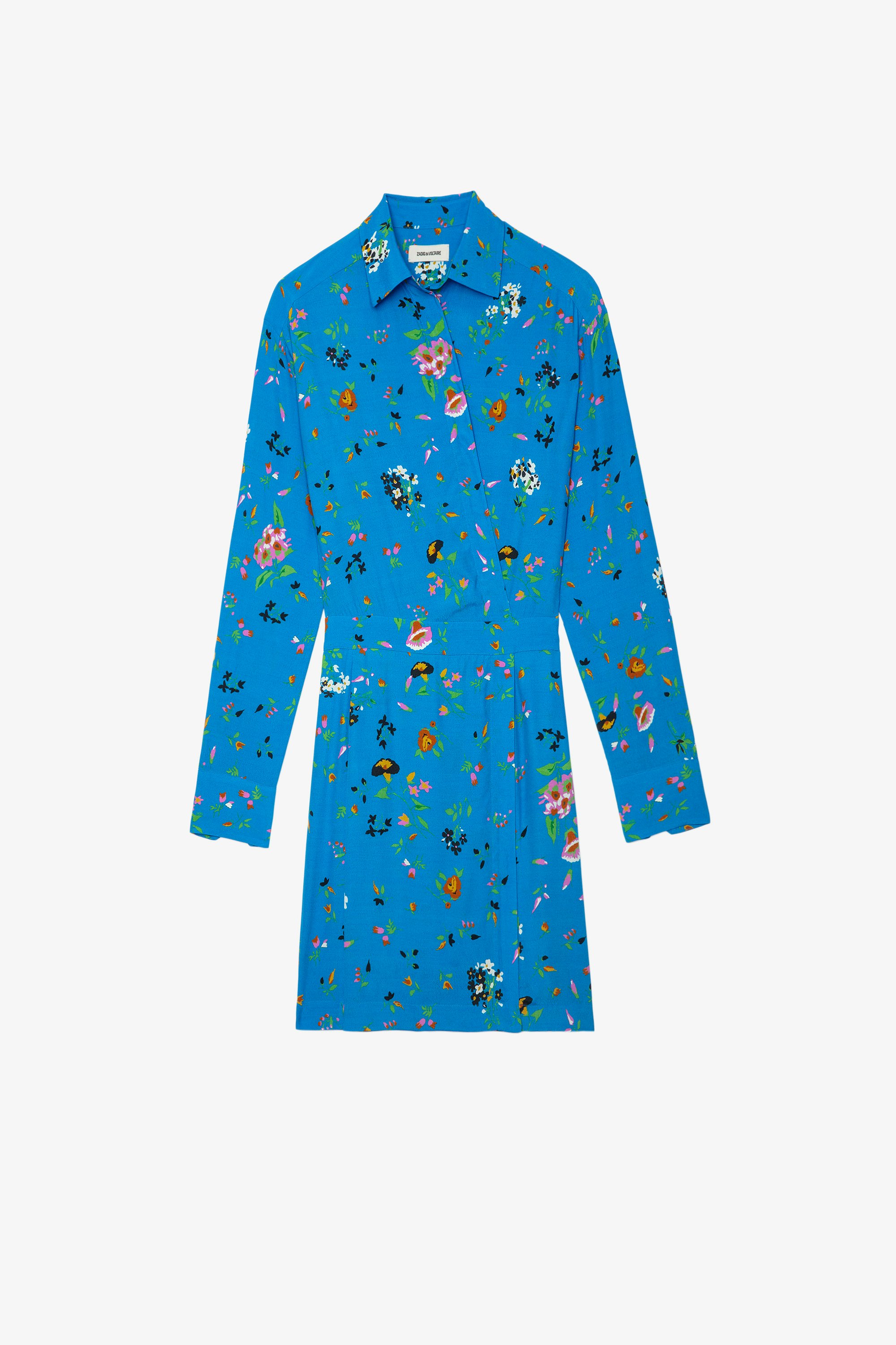 Kleid Ravy Kurzes blaues Damenkleid mit Ausschnitt in Wickeloptik, langen Ärmeln und Blumenprint