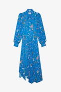 Ruselia Dress - Women’s long blue floral dress with long sleeves and a pussy bow collar