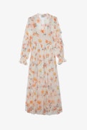 Riciny Dress - Women's long off-white floral dress with ruffles and asymmetrical skirt