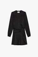 Robe Recol Jac Leo Soie - Robe courte en soie noire jacquard léopard effet drapée et nouée à la taille femme