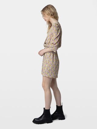 Dress Ruz - Short crepe dress with Liberty and wings print, with gathers.