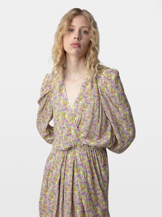 Dress Ruz - Short crepe dress with Liberty and wings print, with gathers.