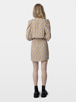 Dress Ruz - Short crepe dress with Liberty and wings print, with gathers.