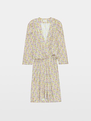 Dress Ruz - Short crepe dress with Liberty and wings print, with gathers.