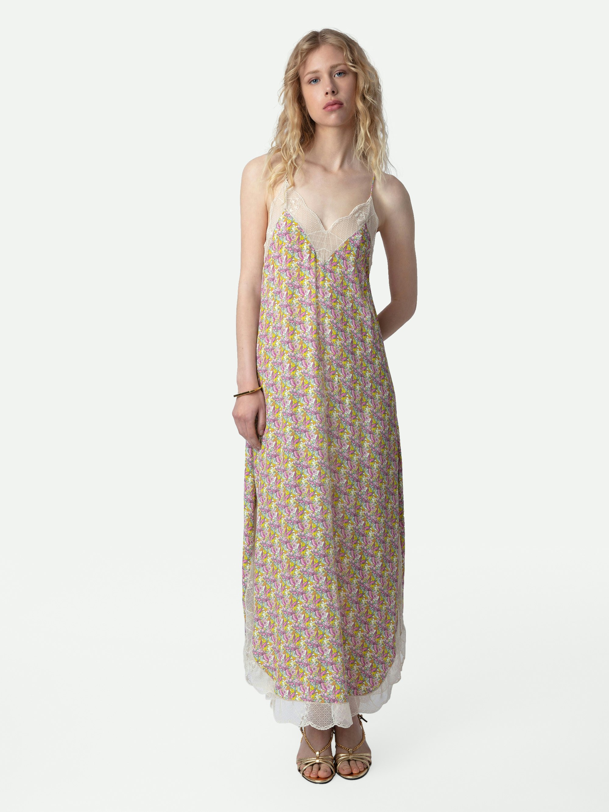 Ristyl Dress - Women's long yellow crepe dress featuring liberty print and wings.