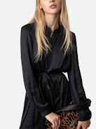 Ritchin Satin Dress - Women’s short black satin dress with gathers.