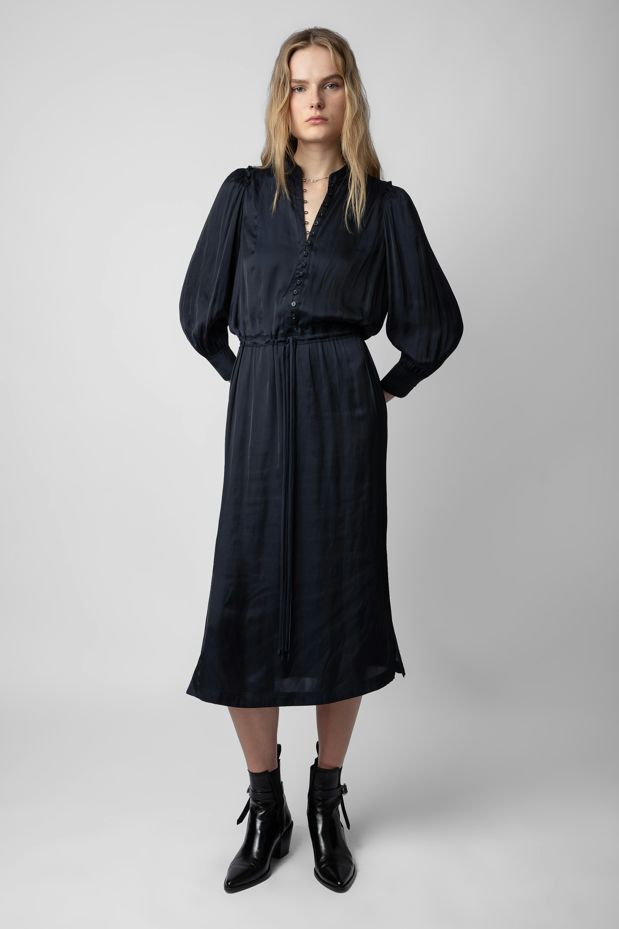 Relinda Satin Dress - Women’s long navy blue satin dress, tied at the waist and embellished with gathers.