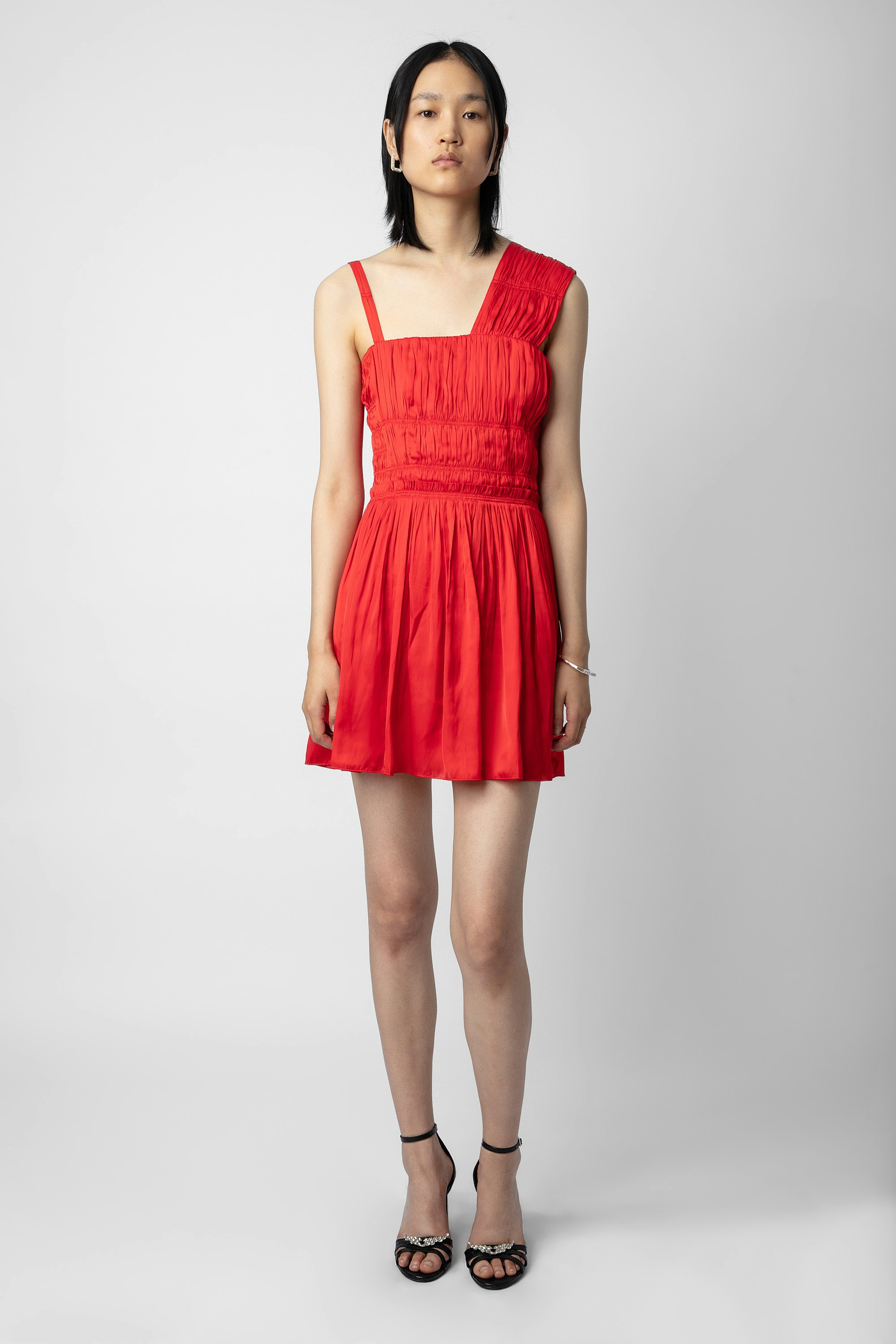 Roselie Satin Dress - Women’s short red satin one-shoulder dress with gathers.