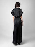 Abito Reina Raso - Abito lungo in raso nero arricciato e drappeggiato con maniche corte a palloncino.
