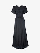 Reina Satin Dress - Women’s long gathered and draped black satin dress with short puff sleeves.