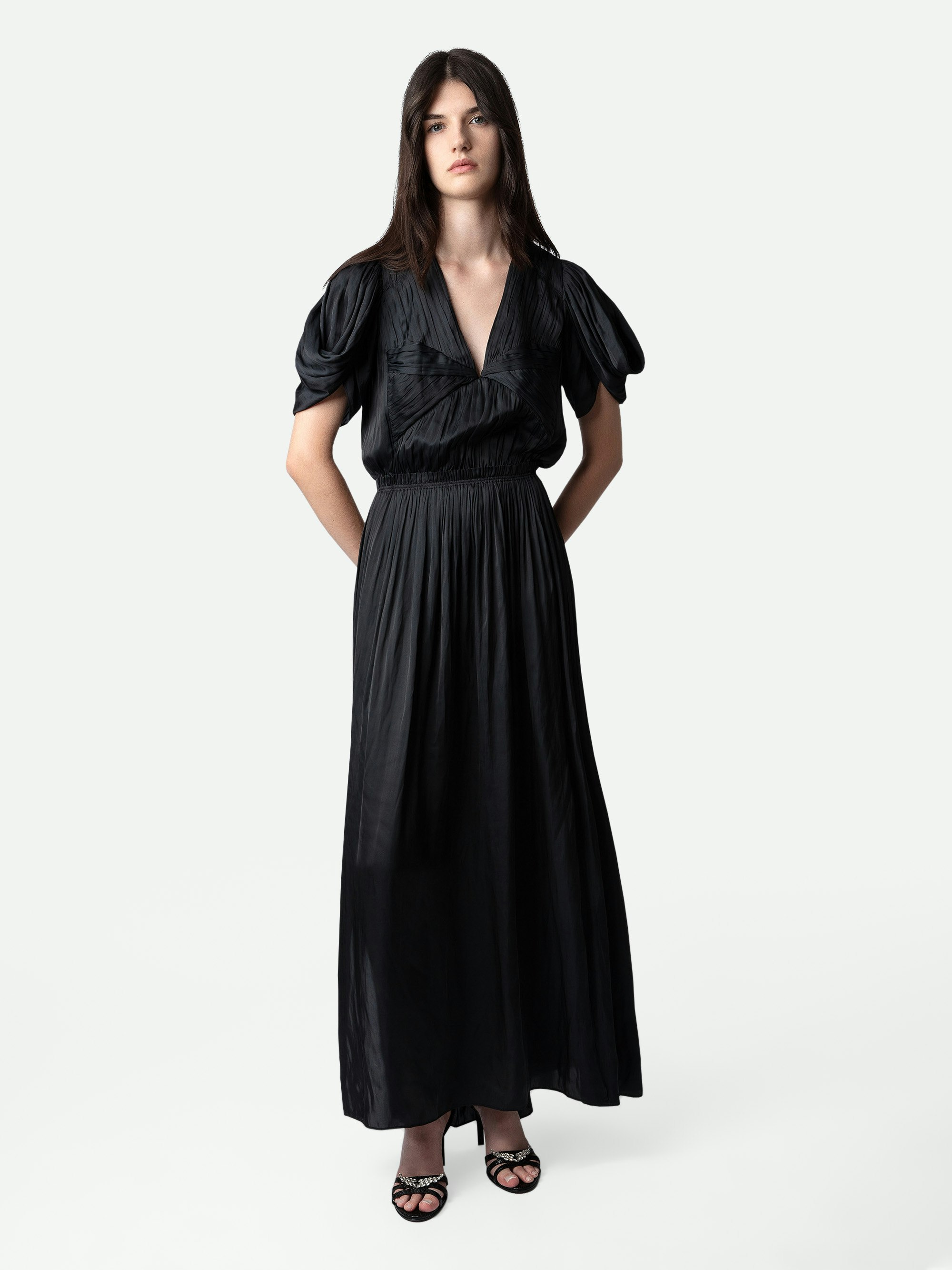 Reina Satin Dress - Women’s long gathered and draped black satin dress with short puff sleeves.