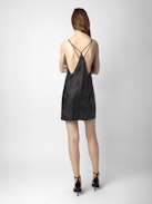 Abito Rohana 100% Seta - Abito corto in seta nera da donna con spalline incrociate, strass e base in pizzo.