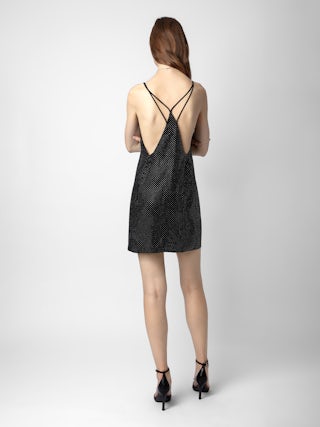 Robe Rohana 100% Soie - Robe courte en soie à bretelles croisées, strass et bas en dentelle.