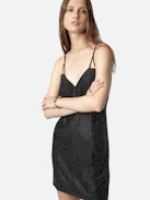 Abito Rohana 100% Seta - Abito corto in seta nera da donna con spalline incrociate, strass e base in pizzo.