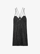 Rohana Dress 100% Silk - Women’s short black silk dress with cross straps, diamanté and lace hem.