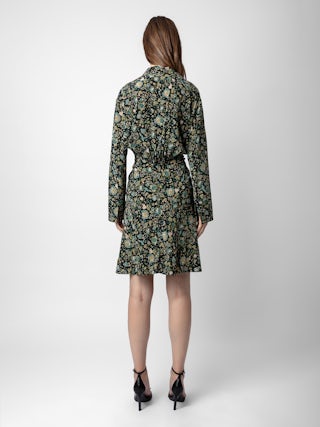 Robe Rozo 100% Soie - Robe courte en soie imprimé fleuri et drapée.