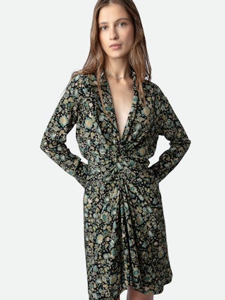 Robe Rozo 100% Soie - Robe courte en soie imprimé fleuri et drapée.