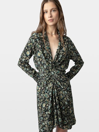 Dress Rozo 100% Silk - Short floral-print silk dress with draping.