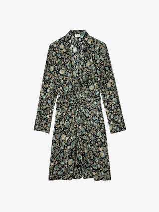 Robe Rozo 100% Soie - Robe courte en soie imprimé fleuri et drapée.