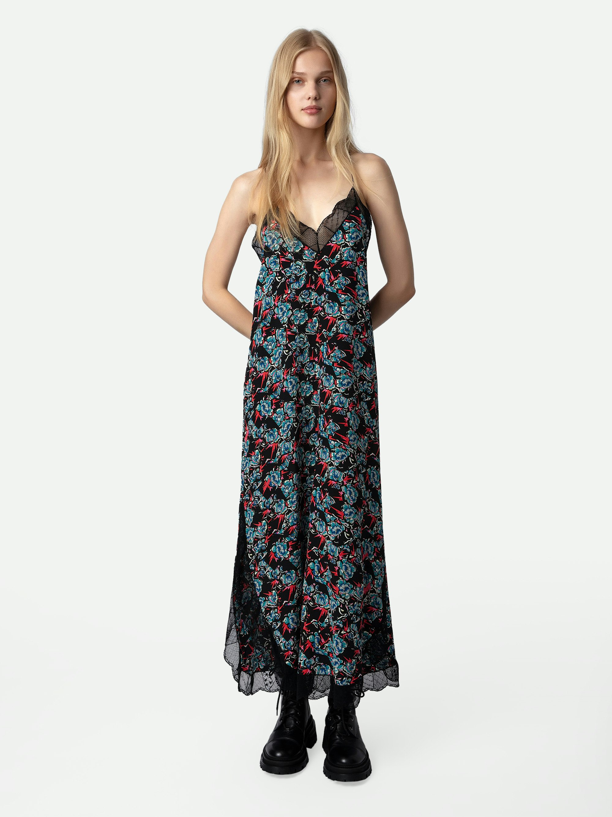 Ristyl Silk Dress - Women’s long black floral-print silk dress.