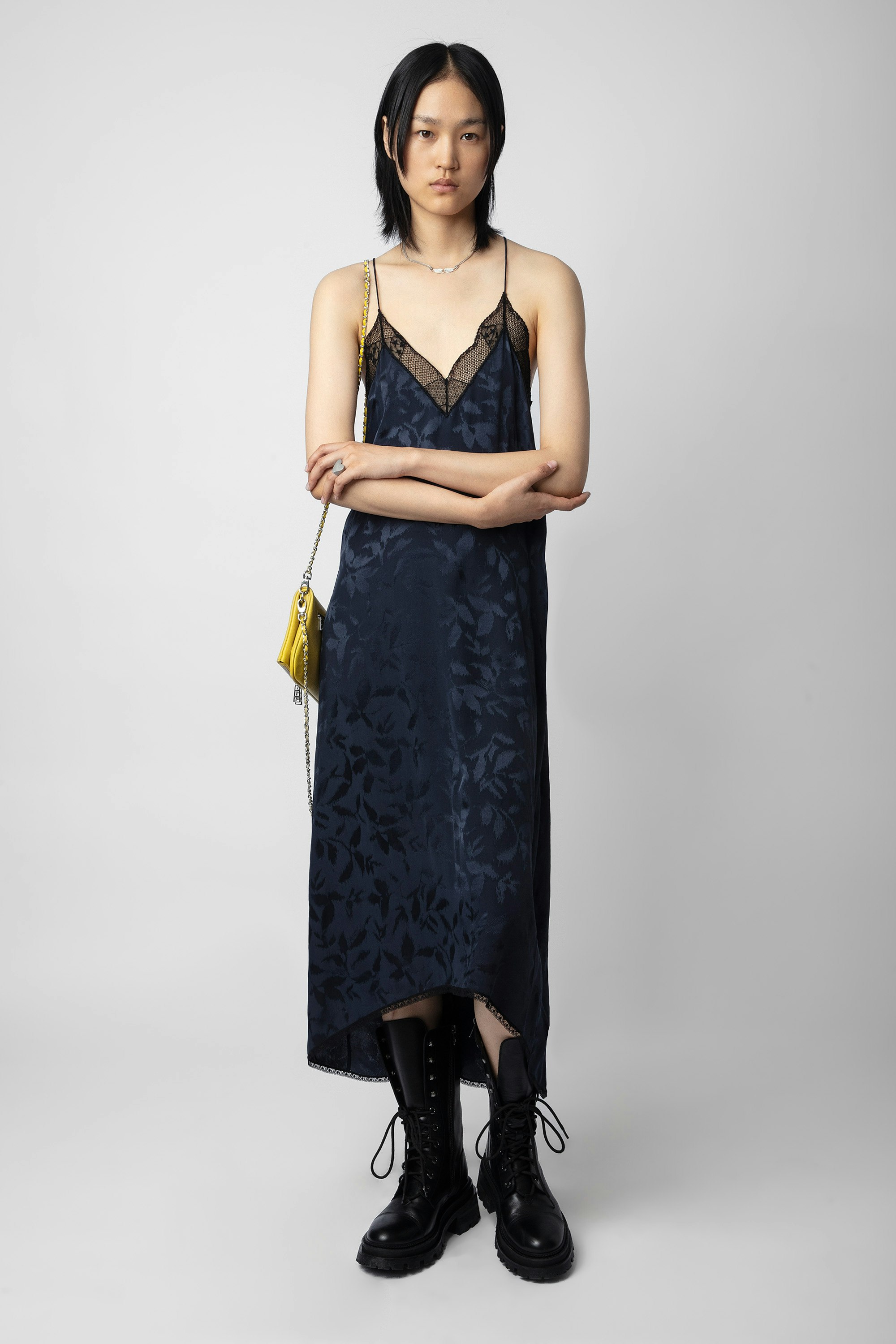 Risty Silk Jacquard Dress - Women’s long navy blue floral silk jacquard with lace trim.