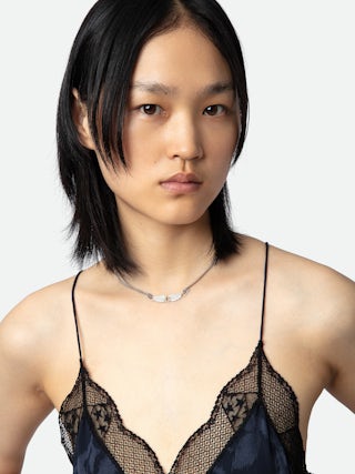 Robe Risty Soie Jacquard - Robe longue en soie bleue marine jacquard fleuri et ornée de dentelle.