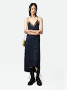 Risty Silk Jacquard Dress - Women’s long navy blue floral silk jacquard with lace trim.