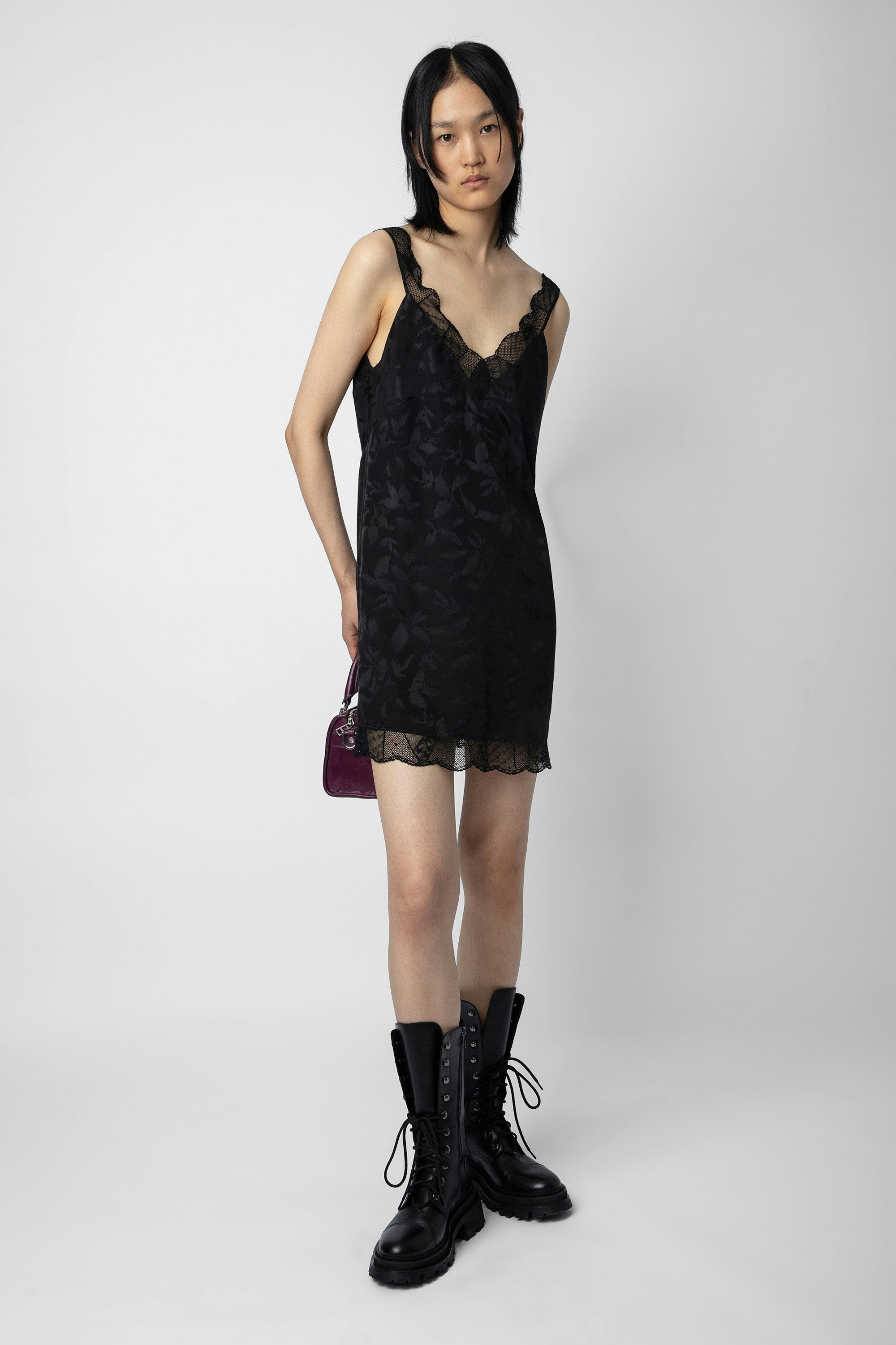 Renelle Silk Jacquard Dress - Women’s short black silk dress with jacquard floral print and lace trim.