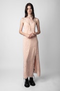 Rohal Silk Jacquard Dress - Women’s long pink star jacquard silk dress with cross straps embellished with diamanté and lace hem.