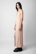 Rohal Silk Jacquard Dress - Women’s long pink star jacquard silk dress with cross straps embellished with diamanté and lace hem.