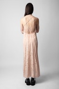 Rohal Silk Jacquard Dress - Women’s long pink star jacquard silk dress with cross straps embellished with diamanté and lace hem.