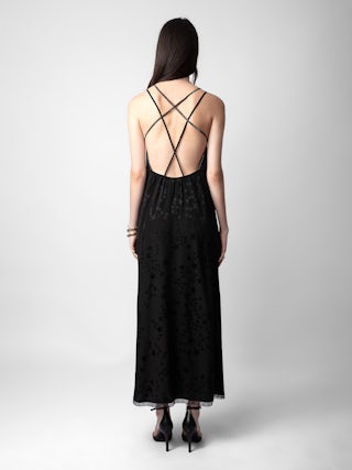 Robe Rohal Soie Jacquard - Robe longue esprit lingerie en soie noire jacquard étoiles à bretelles fines croisées ornées de strass et d'un bas en dentelle.