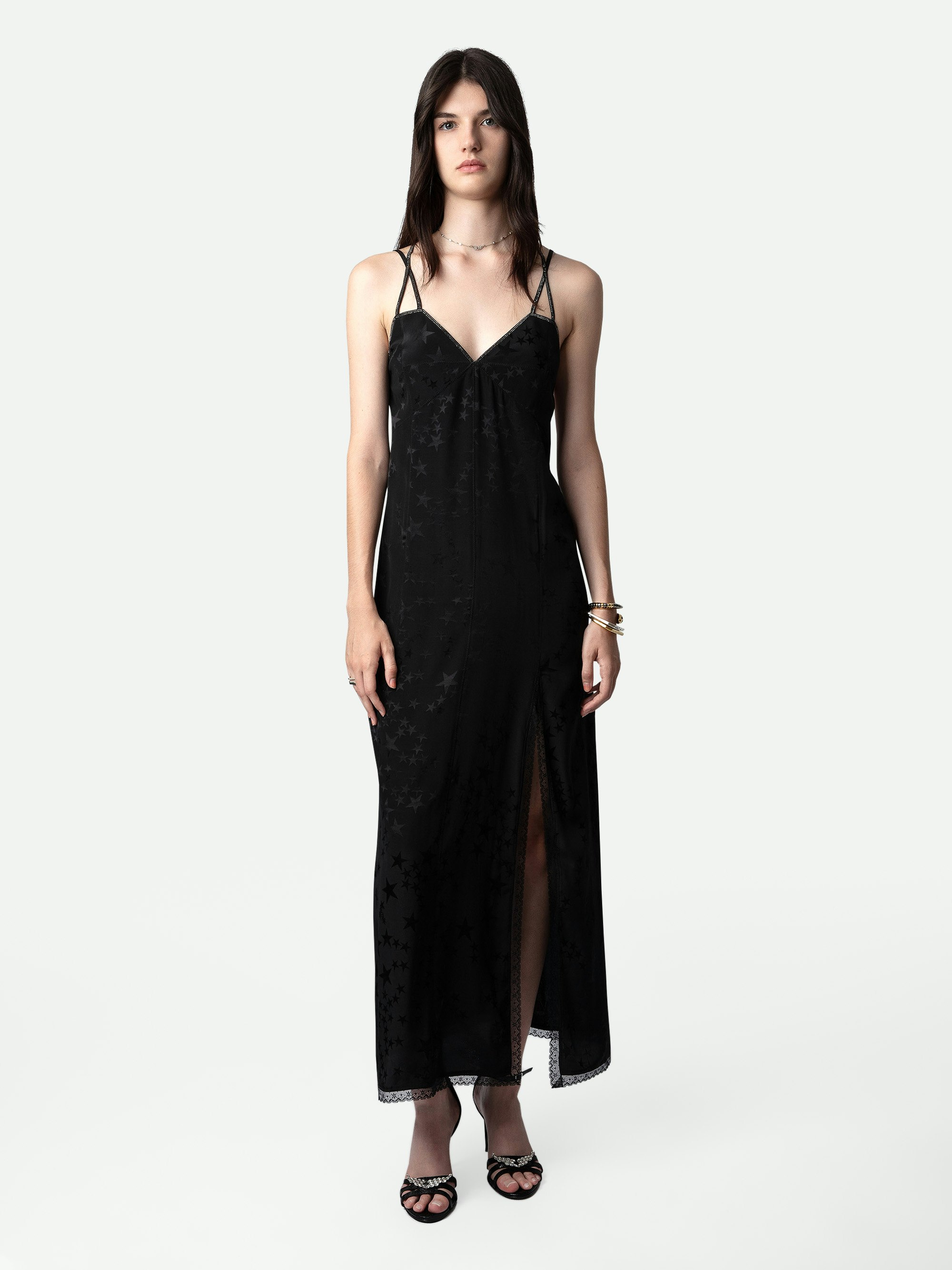 Kleid Rohal Seide Jacquard - Langes Damenkleid aus schwarze Seide im Lingerie-Stil mit Jacquard-Sternen und schmalen, überkreuzten und strassverzierten Trägern und Spitzensaum.