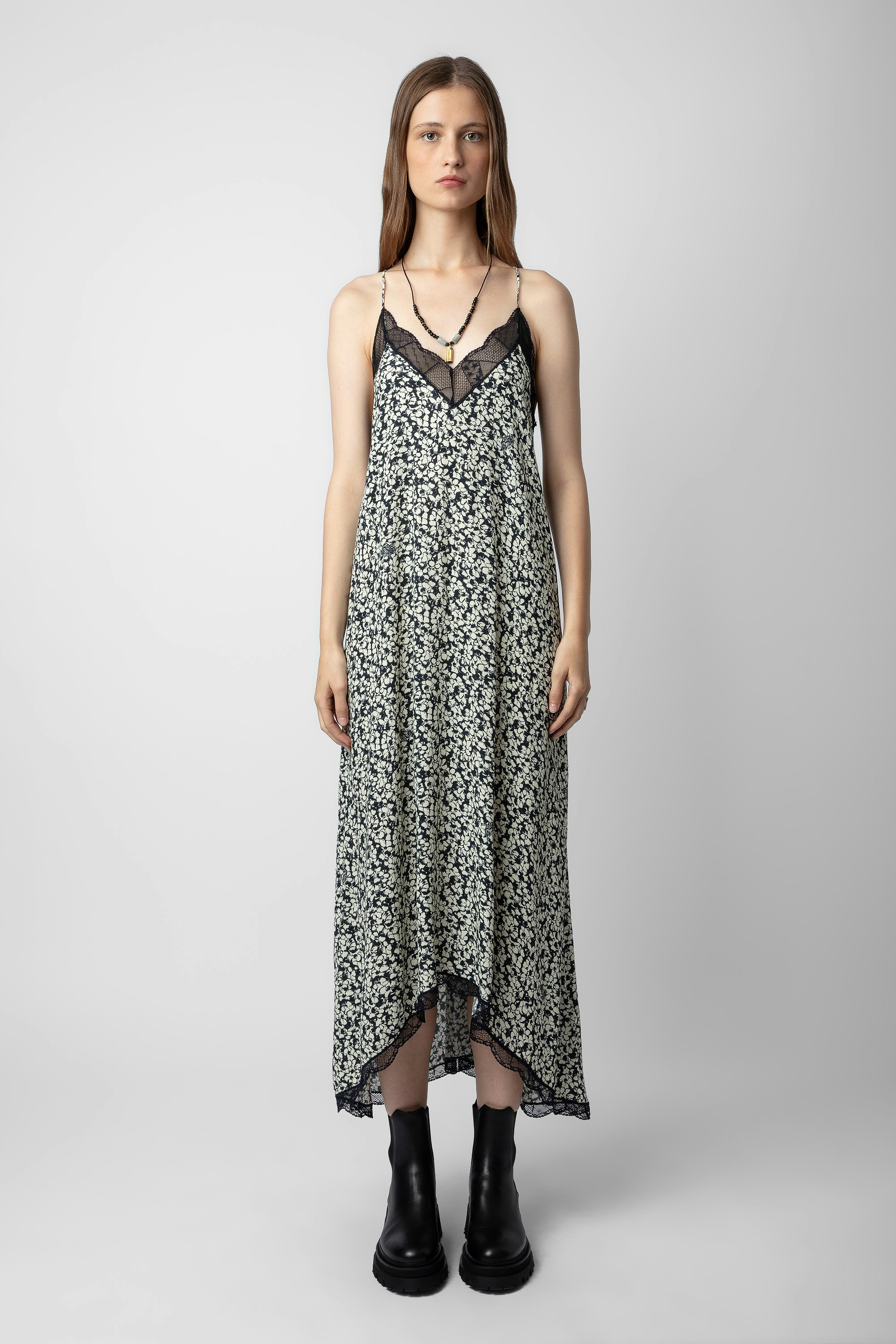Risty Dress - Women’s long ecru floral-print dress with lace trim.