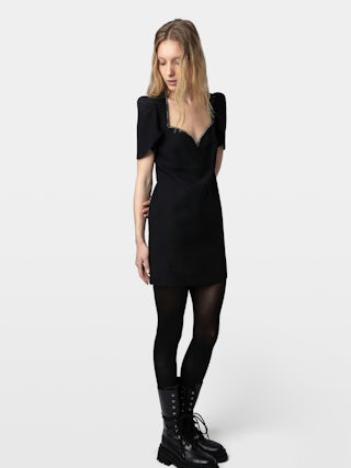 Dress Roxelle - Short crepe dress with rhinestone-trimmed sweetheart neckline and asymmetric short sleeves.