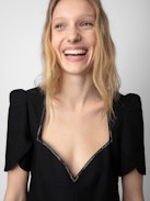 Roxelle Dress - Short black crepe dress with diamanté wrap neckline and short asymmetrical sleeves.