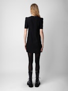 Roxelle Dress - Short black crepe dress with diamanté wrap neckline and short asymmetrical sleeves.