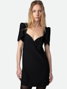 Roxelle Dress - Short black crepe dress with diamanté wrap neckline and short asymmetrical sleeves.