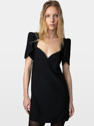 Dress Roxelle - Short crepe dress with rhinestone-trimmed sweetheart neckline and asymmetric short sleeves.