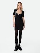 Roxelle Dress - Short black crepe dress with diamanté wrap neckline and short asymmetrical sleeves.