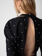 Robe Racia - Robe courte en crêpe noir à strass, manches ballons et découpe au dos.
