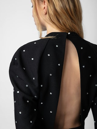 Dress Racia - Short crepe dress with rhinestones and balloon sleeves.