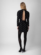 Robe Racia - Robe courte en crêpe noir à strass, manches ballons et découpe au dos.