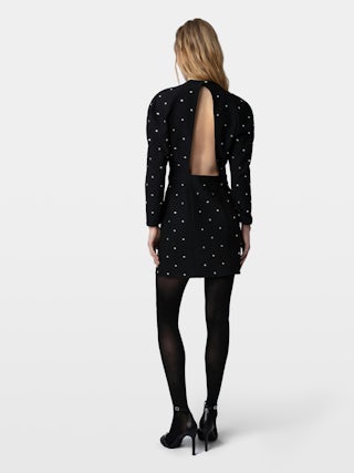 Dress Racia - Short crepe dress with rhinestones and balloon sleeves.