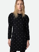 Robe Racia - Robe courte en crêpe noir à strass, manches ballons et découpe au dos.
