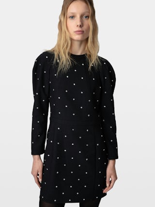 Dress Racia - Short crepe dress with rhinestones and balloon sleeves.