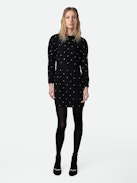 Robe Racia - Robe courte en crêpe noir à strass, manches ballons et découpe au dos.