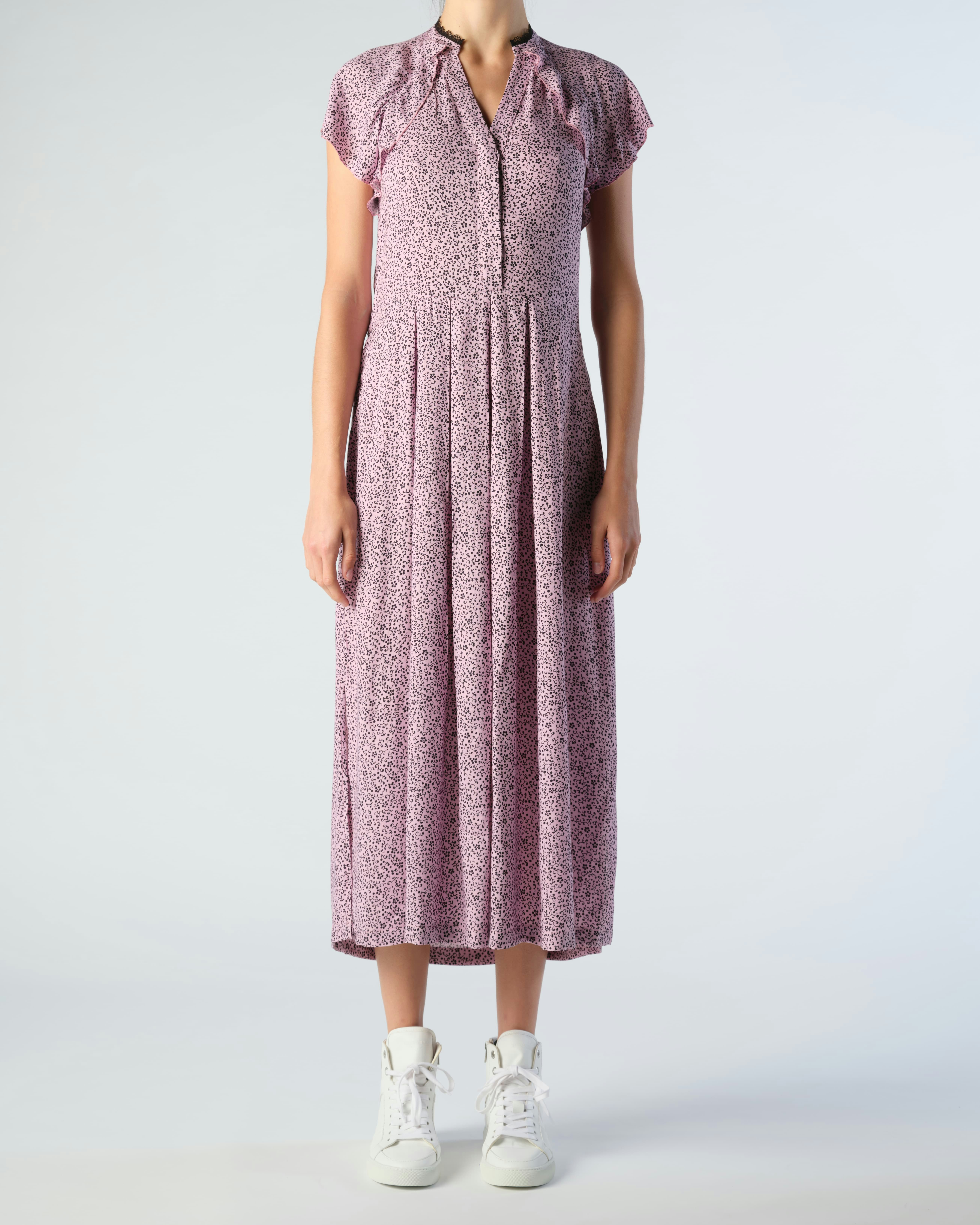 Ruskie Dress - Women's pink floral print maxi dress with button closure down front.