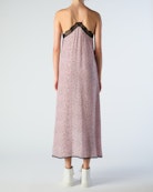 Risty Dress - Women's lingerie-style maxi dress with pink floral print, thin straps, and lace-trimmed neckline.